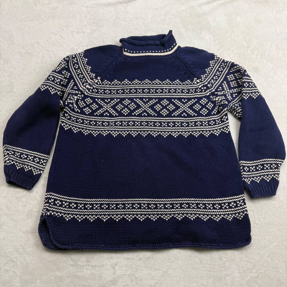 Eddie Bauer Women's Sweater Navy Blue Size M Fair Isle Cotton Roll Neck Vintage